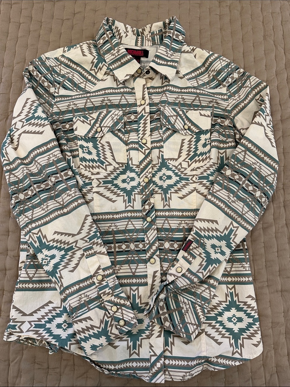 Rock&Roll Denim Aztec Print Button-Up Shirt Jacket in Cream and Teal